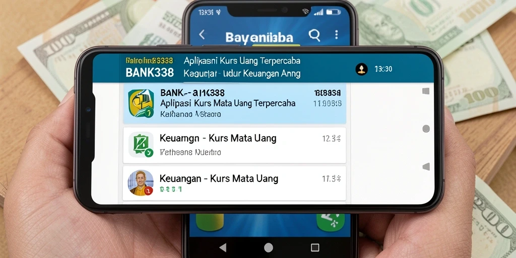 Antarmuka aplikasi BANK338 yang menampilkan kurs mata uang terkini.
