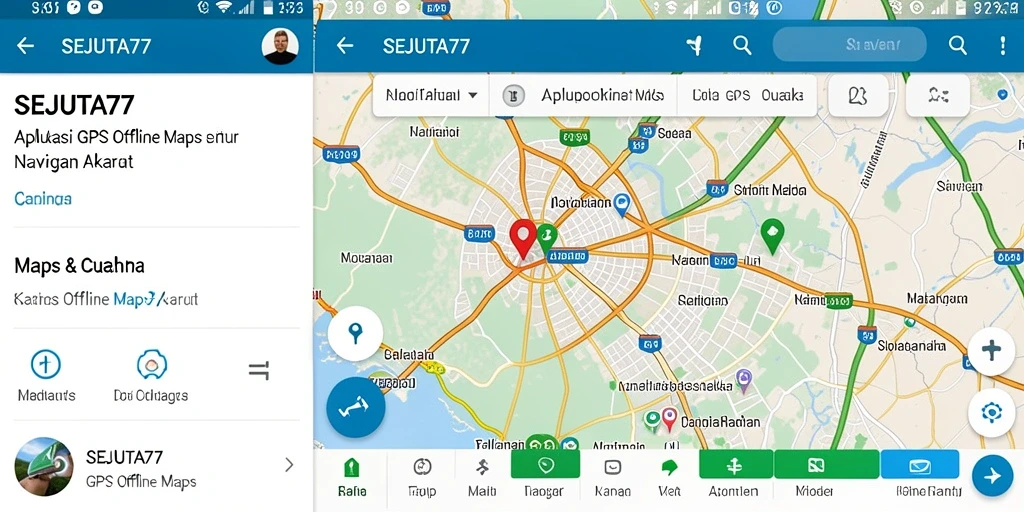 Antarmuka pengguna aplikasi SEJUTA77 dengan fitur GPS Offline Maps yang intuitif.